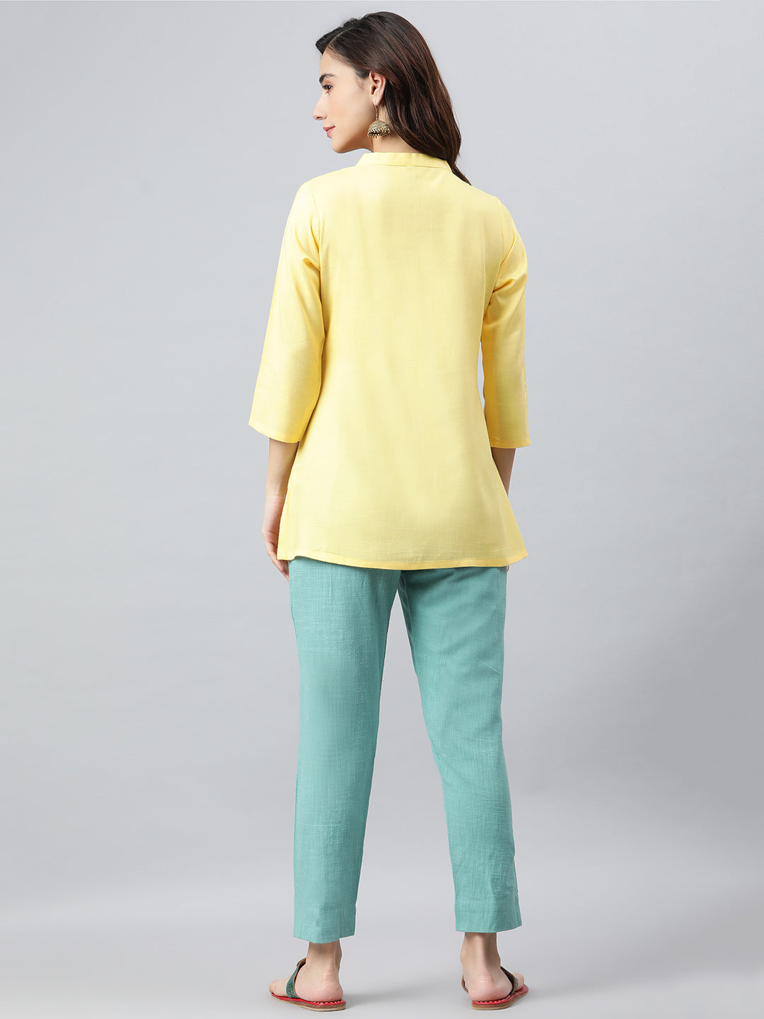 Janasya Women's Yellow Rayon Slub Embroidered A-Line Top | Swadesiicart