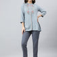 Janasya Women's Blue Rayon Slub Embroidered A-Line Top | Swadesiicart