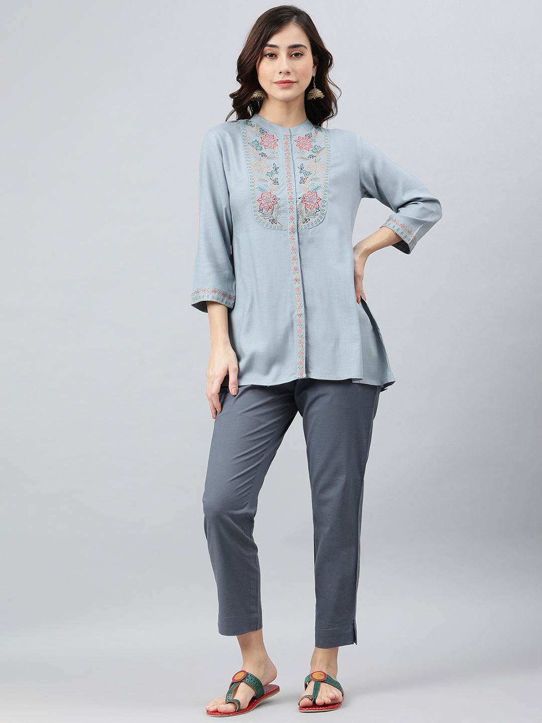 Janasya Women's Blue Rayon Slub Embroidered A-Line Top | Swadesiicart