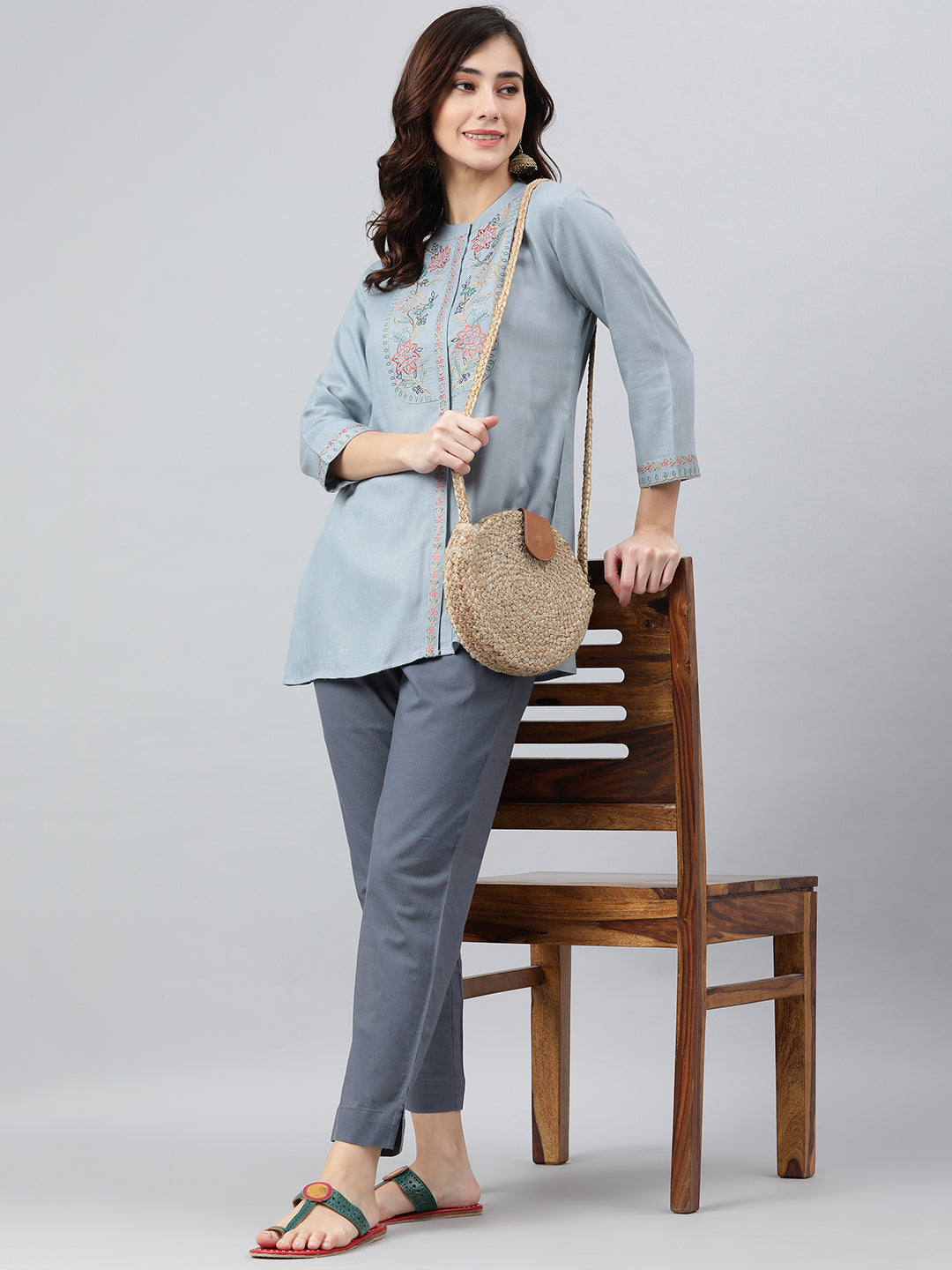Janasya Women's Blue Rayon Slub Embroidered A-Line Top | Swadesiicart