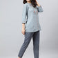 Janasya Women's Blue Rayon Slub Embroidered A-Line Top | Swadesiicart