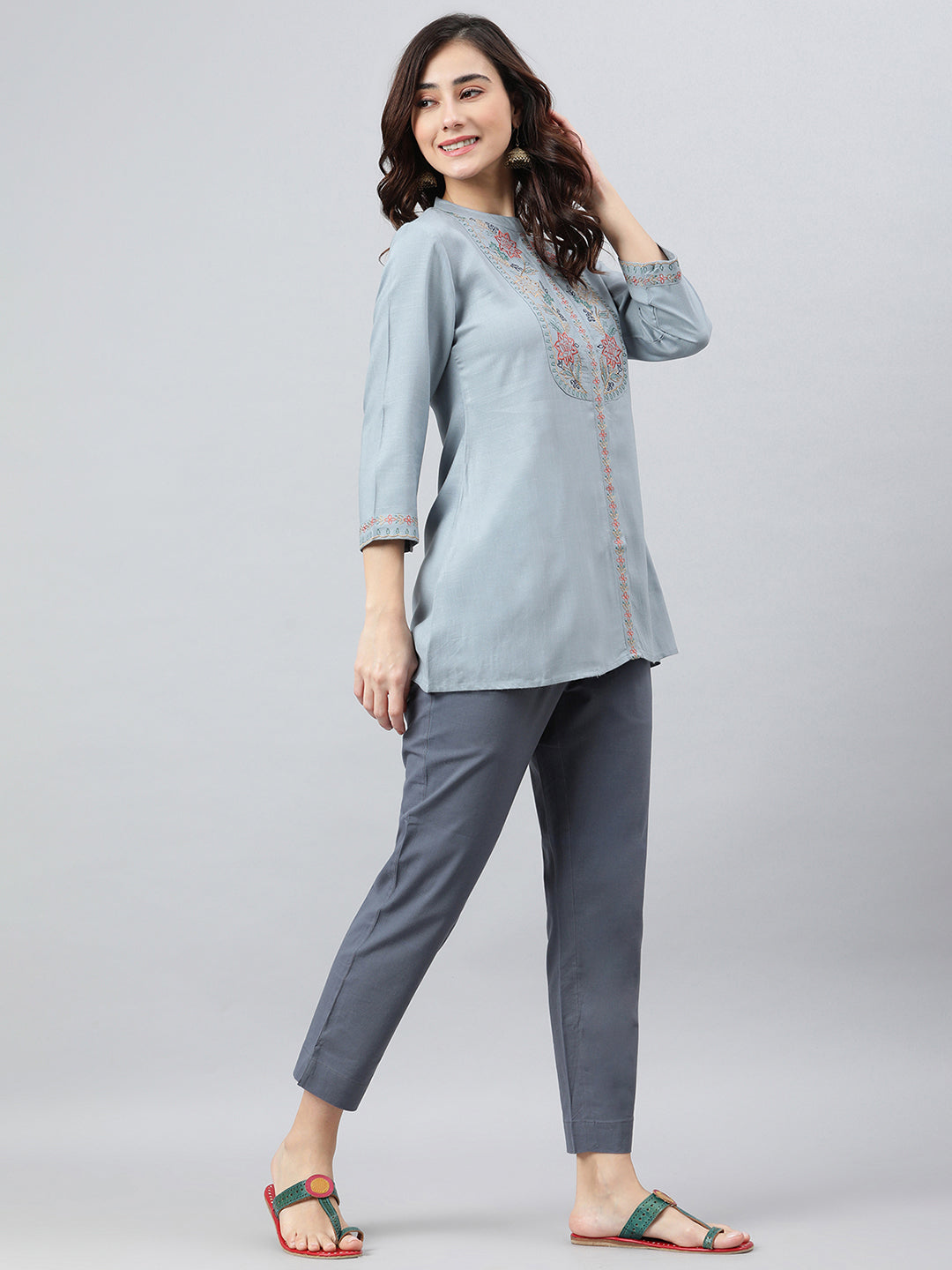 Janasya Women's Blue Rayon Slub Embroidered A-Line Top | Swadesiicart
