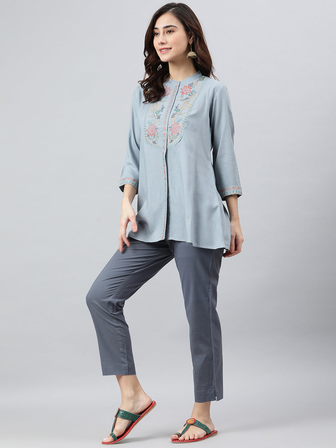 Janasya Women's Blue Rayon Slub Embroidered A-Line Top | Swadesiicart