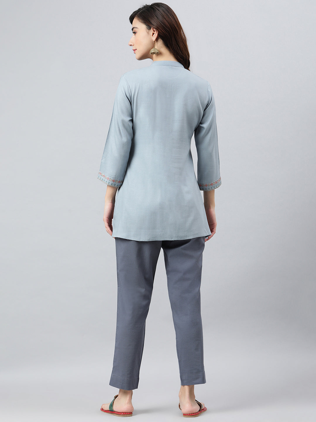 Janasya Women's Blue Rayon Slub Embroidered A-Line Top | Swadesiicart