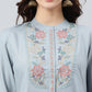 Janasya Women's Blue Rayon Slub Embroidered A-Line Top | Swadesiicart