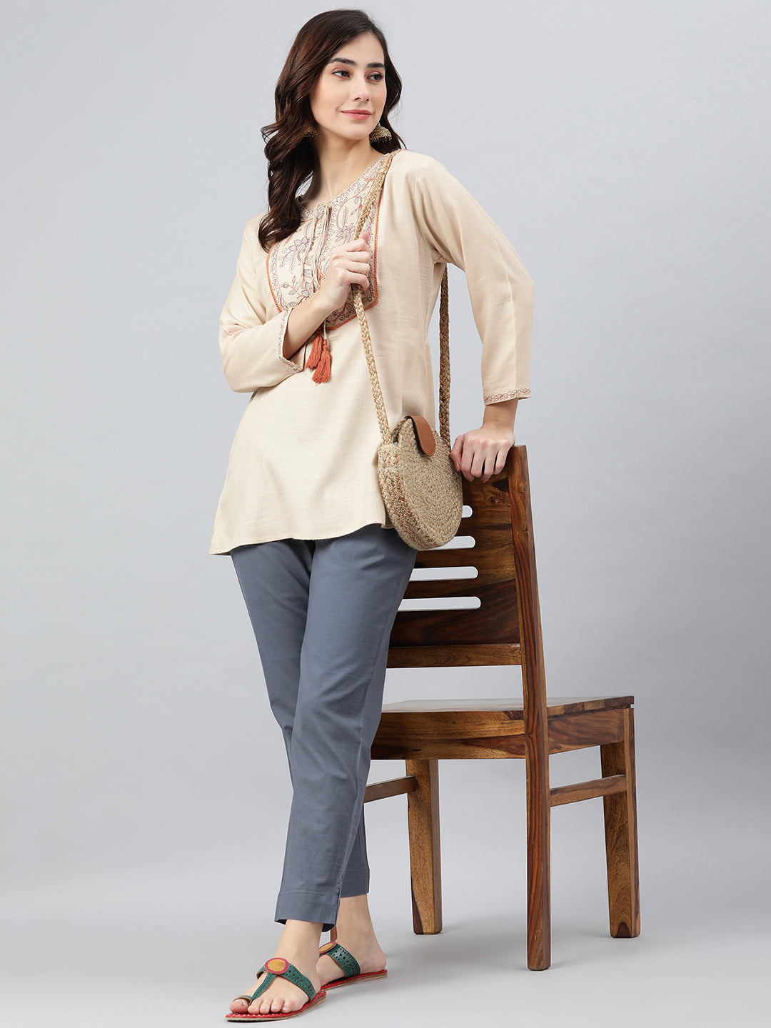 Janasya Women's Beige Rayon Slub Embroidered A-Line Top | Swadesiicart