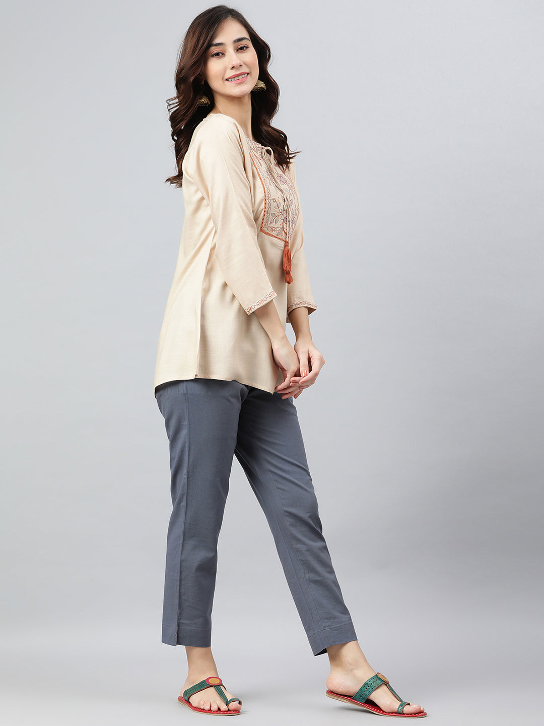 Janasya Women's Beige Rayon Slub Embroidered A-Line Top | Swadesiicart