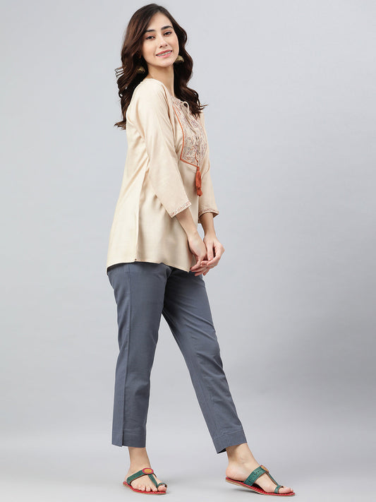 Janasya Women's Beige Rayon Slub Embroidered A-Line Top | Swadesiicart
