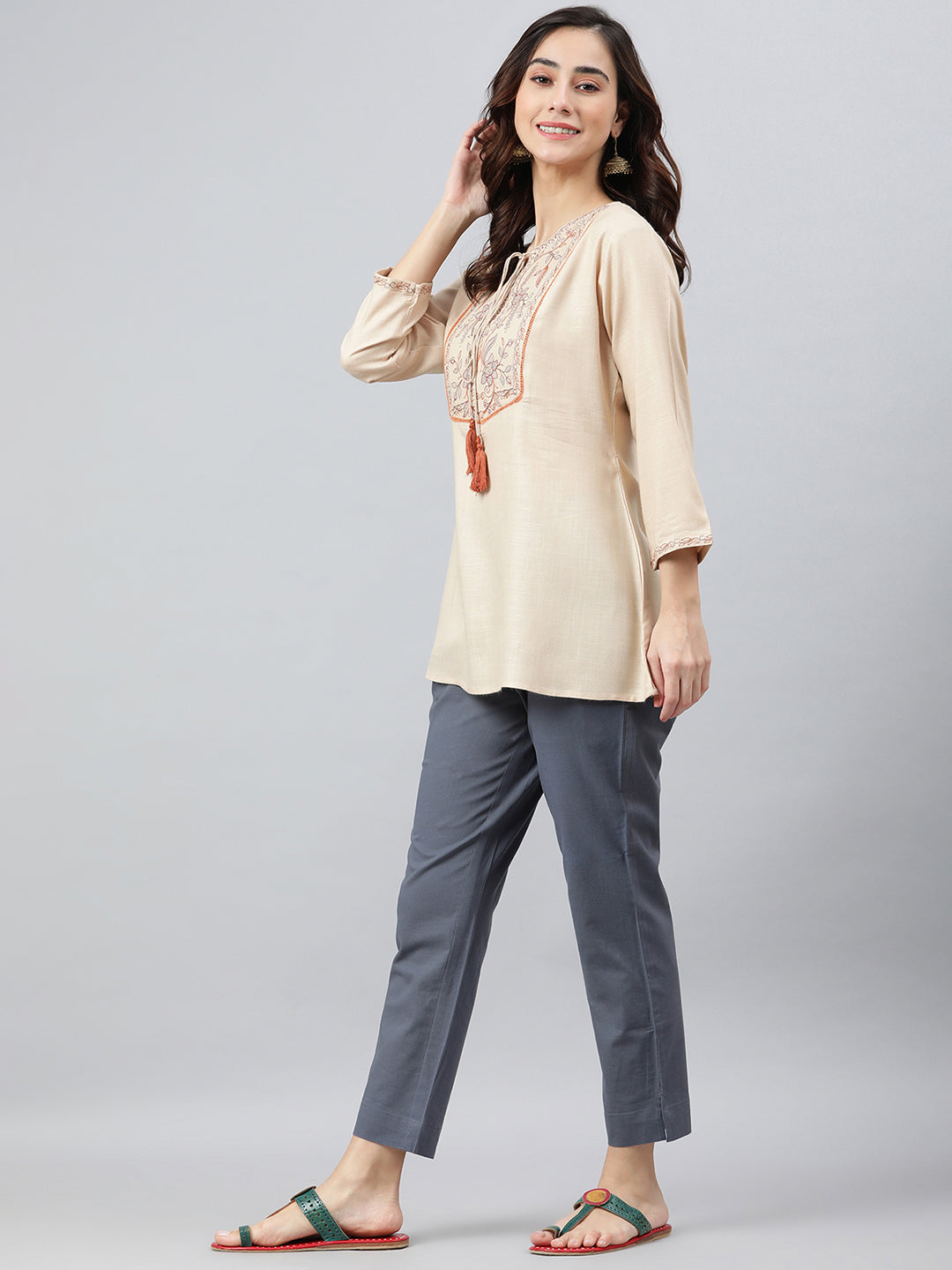 Janasya Women's Beige Rayon Slub Embroidered A-Line Top | Swadesiicart