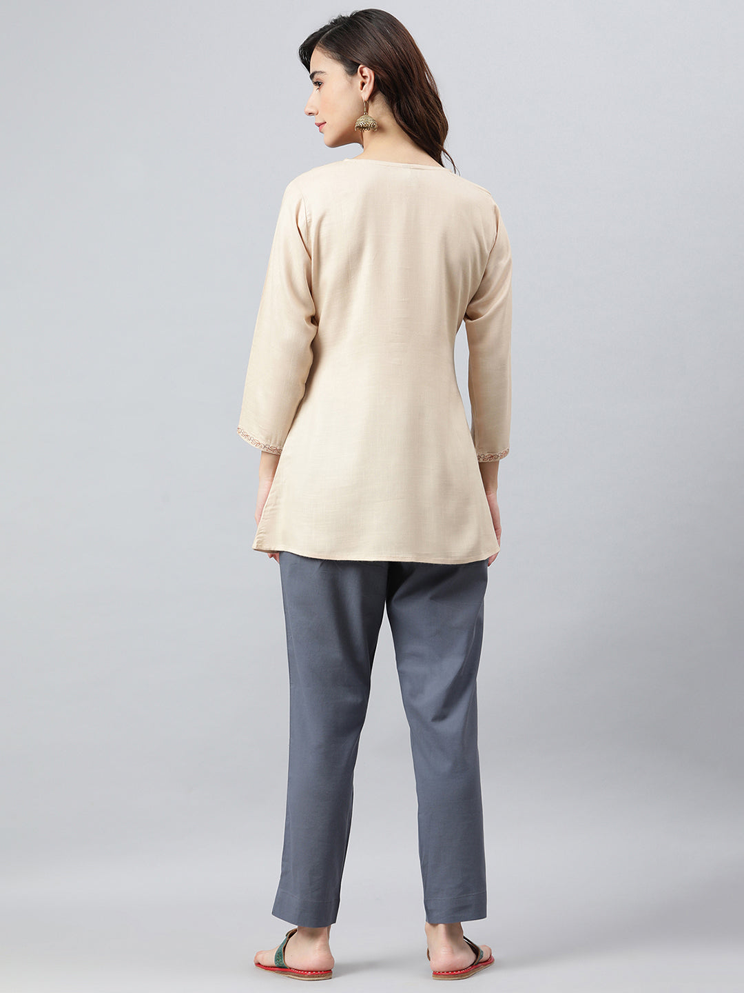 Janasya Women's Beige Rayon Slub Embroidered A-Line Top | Swadesiicart
