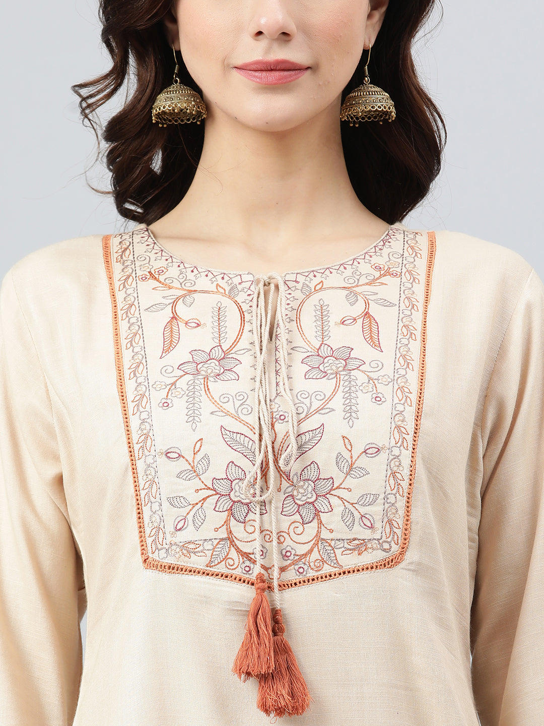 Janasya Women's Beige Rayon Slub Embroidered A-Line Top | Swadesiicart
