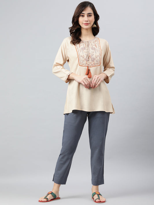 Janasya Women's Beige Rayon Slub Embroidered A-Line Top | Swadesiicart