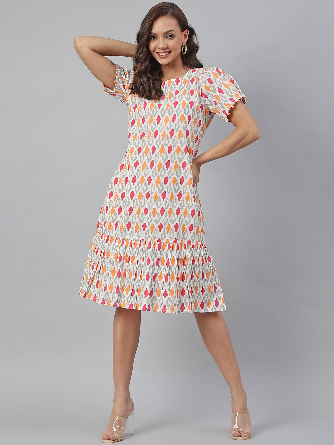 Janasya Women's Off White Cotton Printed A-line Western Dress | Swadesiicart