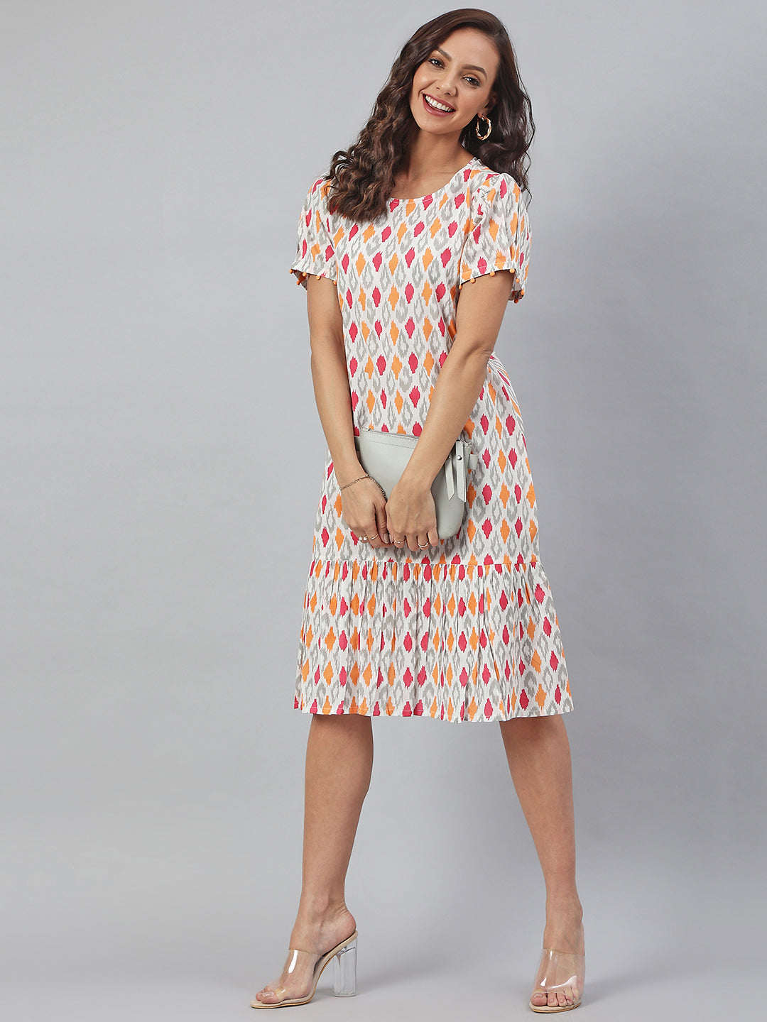 Janasya Women's Off White Cotton Printed A-line Western Dress | Swadesiicart