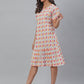 Janasya Women's Off White Cotton Printed A-line Western Dress | Swadesiicart