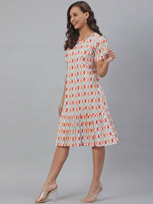 Janasya Women's Off White Cotton Printed A-line Western Dress | Swadesiicart
