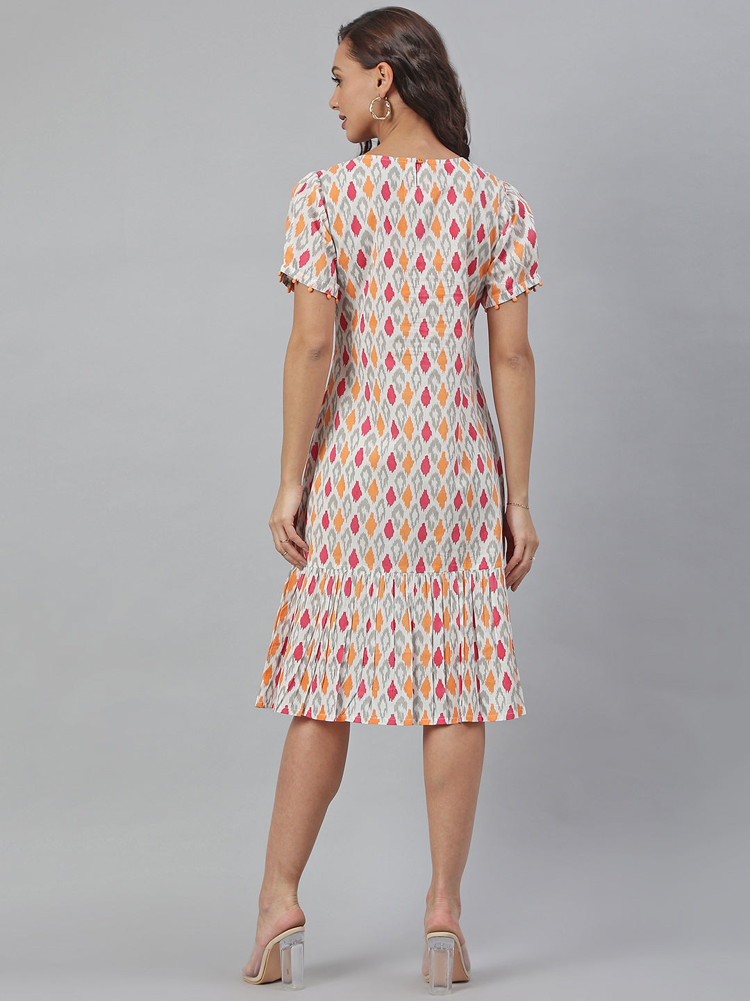 Janasya Women's Off White Cotton Printed A-line Western Dress | Swadesiicart