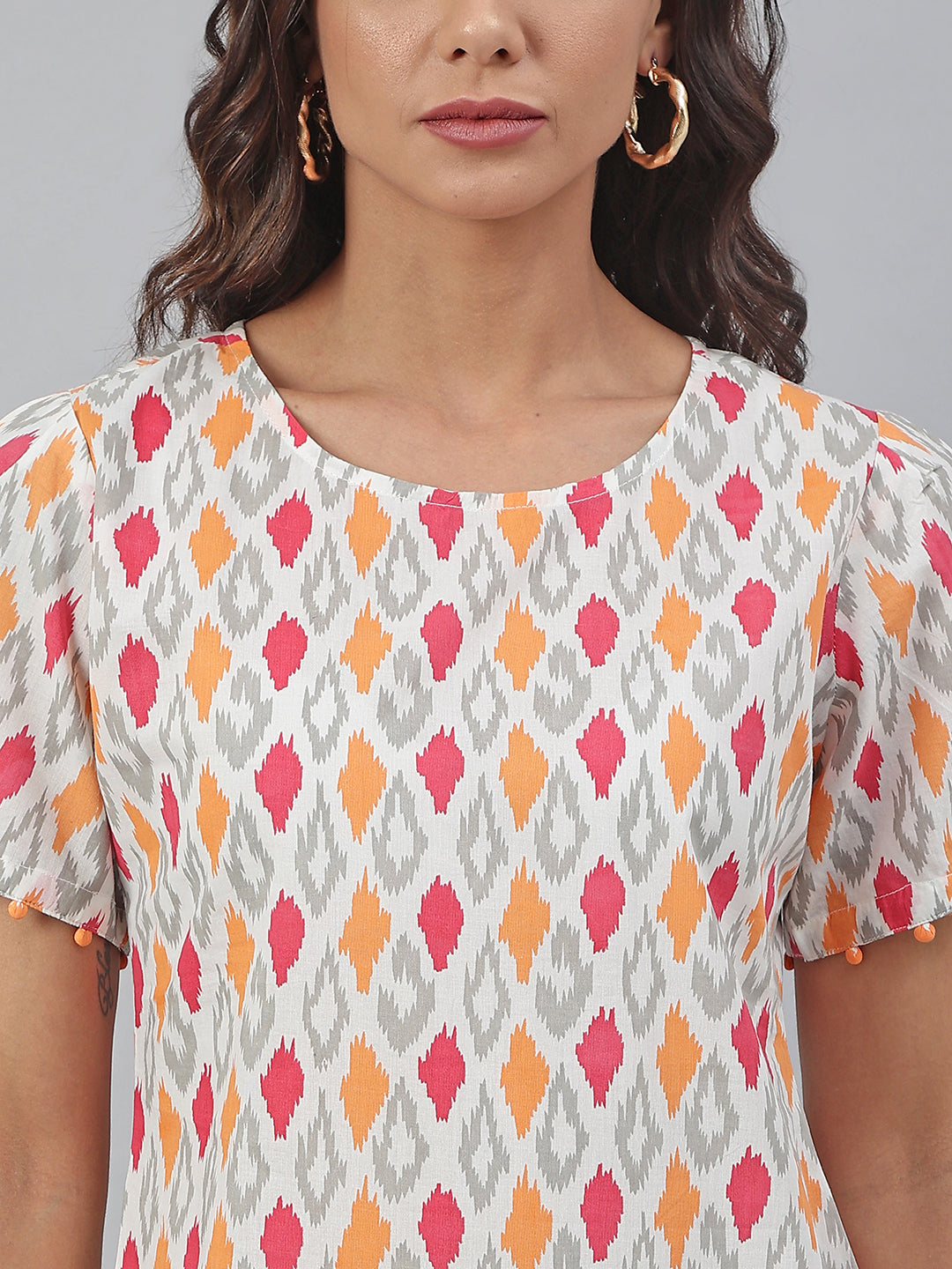 Janasya Women's Off White Cotton Printed A-line Western Dress | Swadesiicart