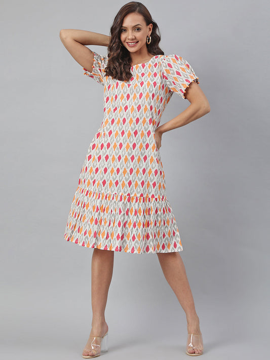 Janasya Women's Off White Cotton Printed A-line Western Dress | Swadesiicart