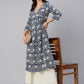 Janasya Navy Blue Cotton Floral Print Flared kurta - Swadesiicart