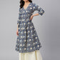 Janasya Navy Blue Cotton Floral Print Flared kurta - Swadesiicart