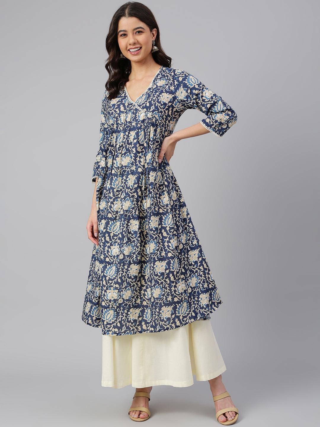 Janasya Navy Blue Cotton Floral Print Flared kurta - Swadesiicart