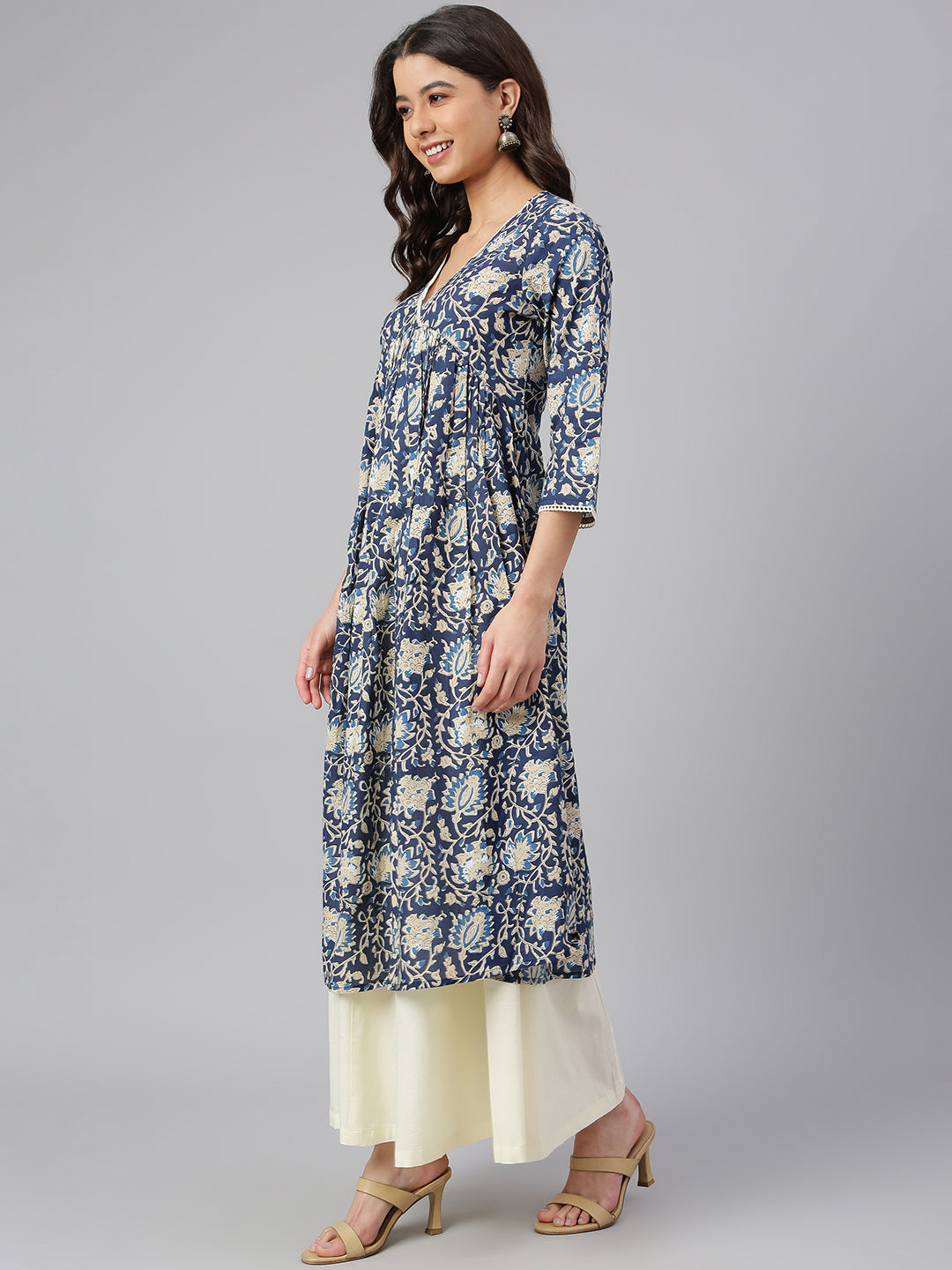 Janasya Navy Blue Cotton Floral Print Flared kurta - Swadesiicart