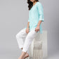 Janasya Women's Mint Blue Cotton Floral Print Straight Tunic | Swadesiicart