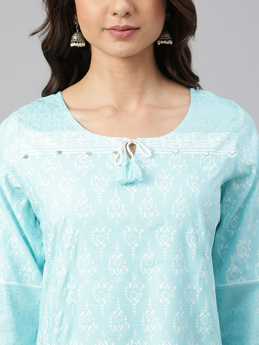 Janasya Women's Mint Blue Cotton Floral Print Straight Tunic | Swadesiicart