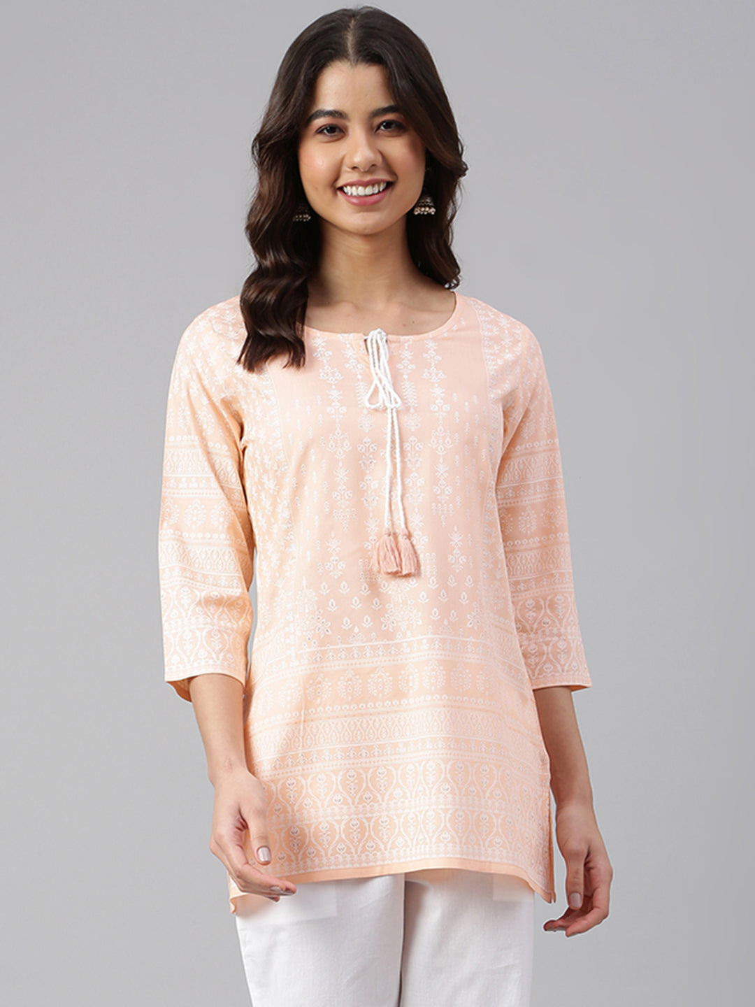 Janasya Women's Peach Cotton Ethnic Motifs Straight Tunic | Swadesiicart