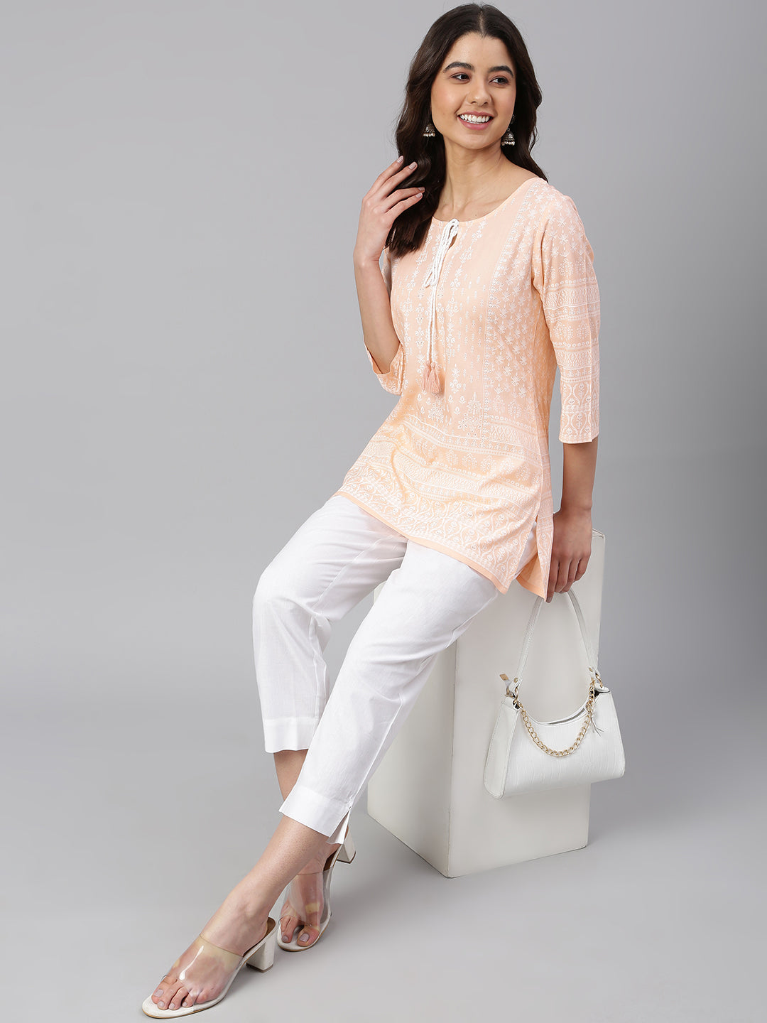 Janasya Women's Peach Cotton Ethnic Motifs Straight Tunic | Swadesiicart
