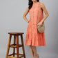 Janasya Women's Peach Cotton Floral Printed Flared Western Dress | Swadesiicart