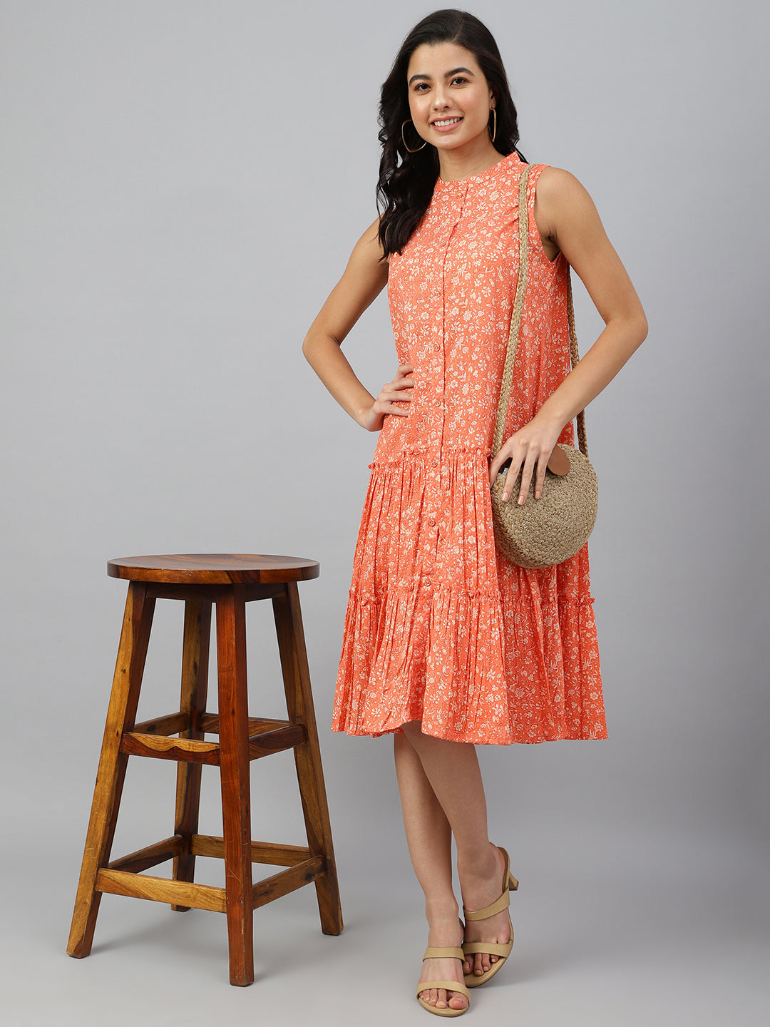 Janasya Women's Peach Cotton Floral Printed Flared Western Dress | Swadesiicart