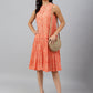 Janasya Women's Peach Cotton Floral Printed Flared Western Dress | Swadesiicart