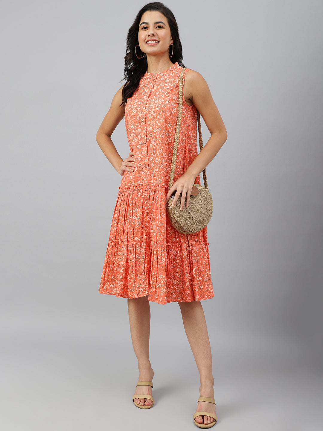 Janasya Women's Peach Cotton Floral Printed Flared Western Dress | Swadesiicart