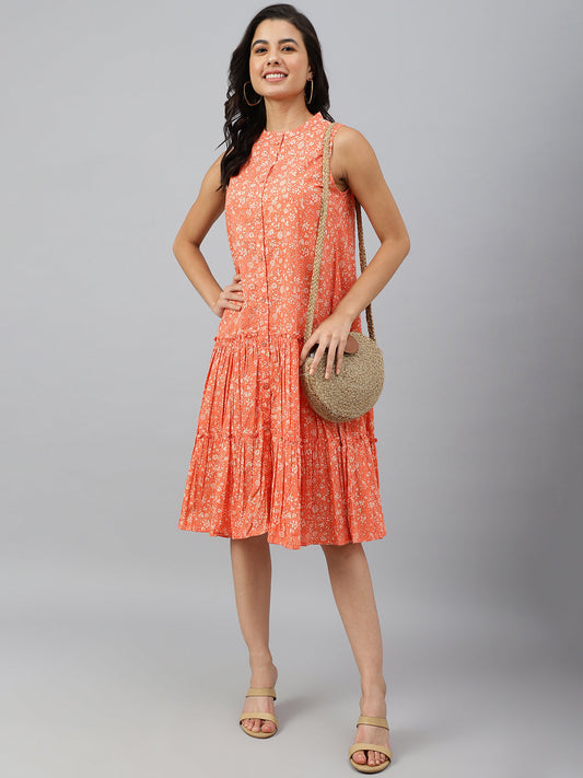 Janasya Women's Peach Cotton Floral Printed Flared Western Dress | Swadesiicart