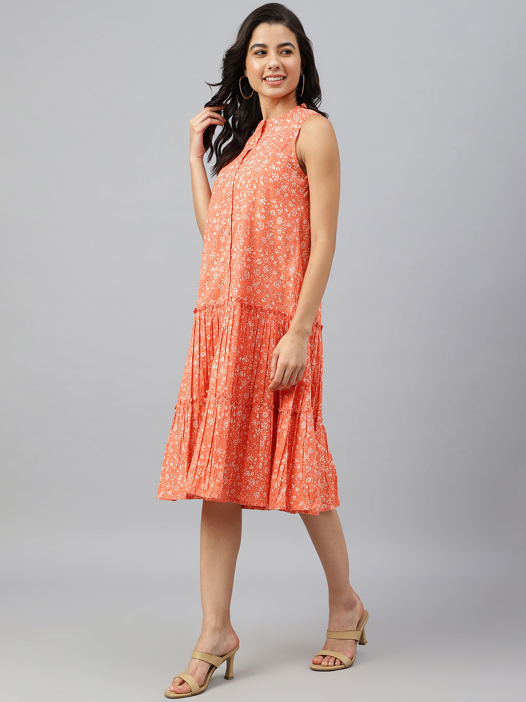 Janasya Women's Peach Cotton Floral Printed Flared Western Dress | Swadesiicart