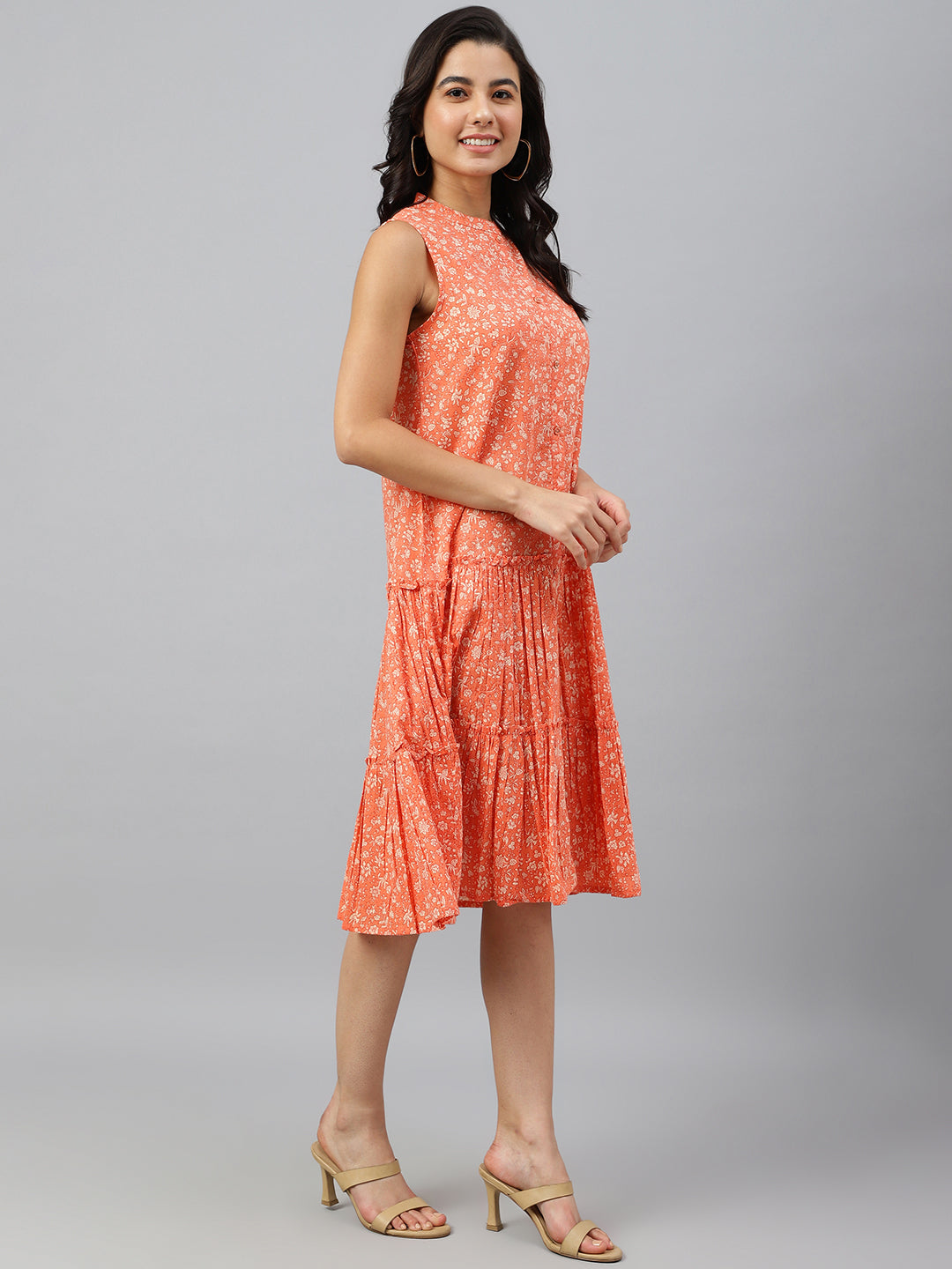 Janasya Women's Peach Cotton Floral Printed Flared Western Dress | Swadesiicart