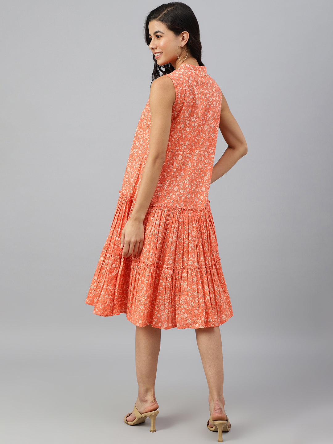 Janasya Women's Peach Cotton Floral Printed Flared Western Dress | Swadesiicart