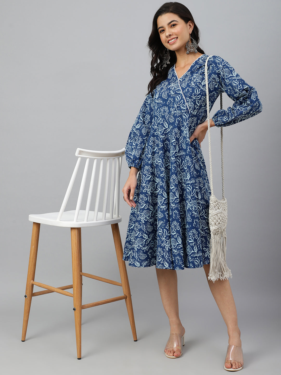 Janasya Women's Navy Blue Cotton Floral Printed Angrakha Western Dress | Swadesiicart