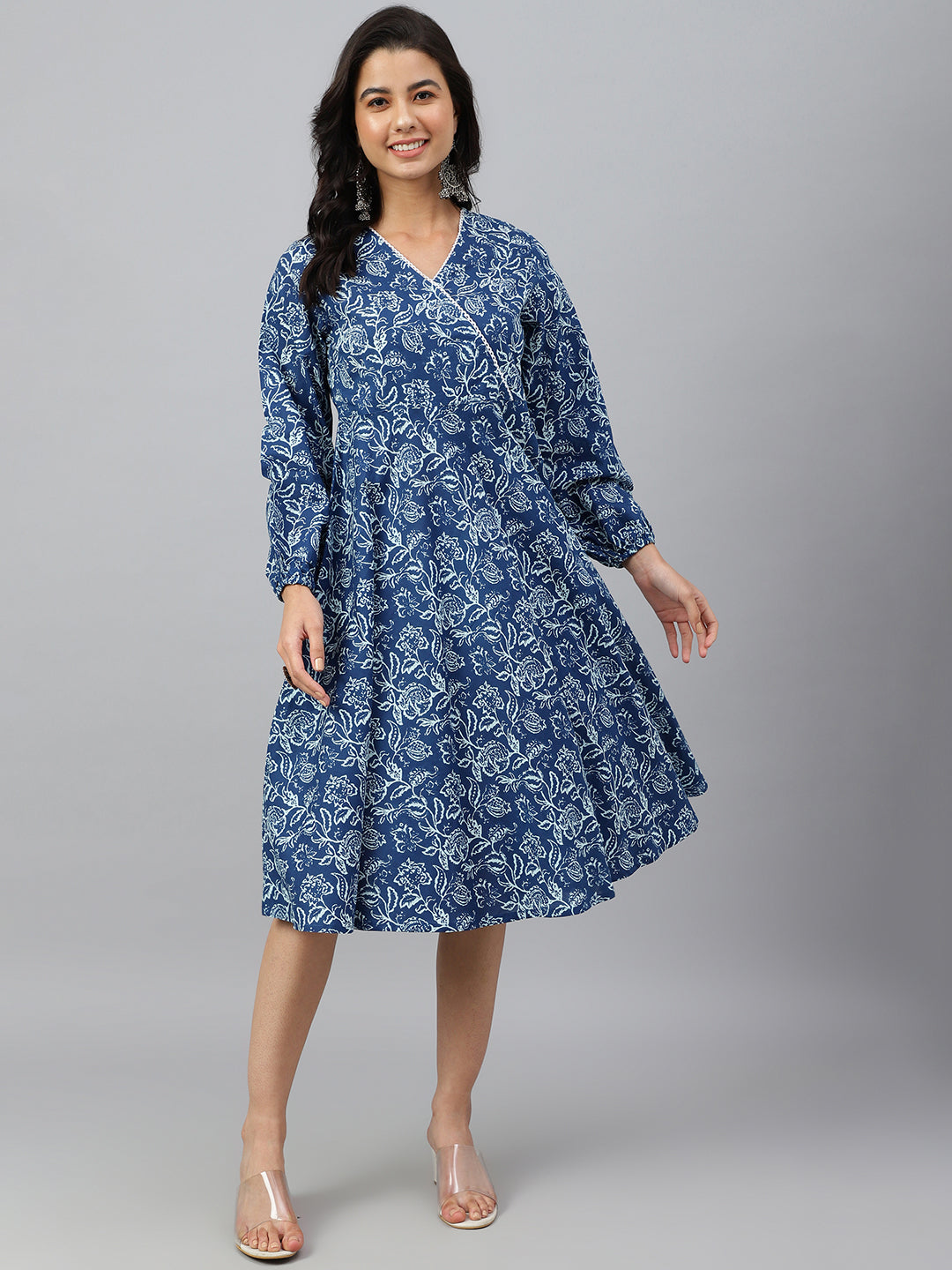Janasya Women's Navy Blue Cotton Floral Printed Angrakha Western Dress | Swadesiicart