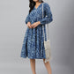 Janasya Women's Navy Blue Cotton Floral Printed Angrakha Western Dress | Swadesiicart