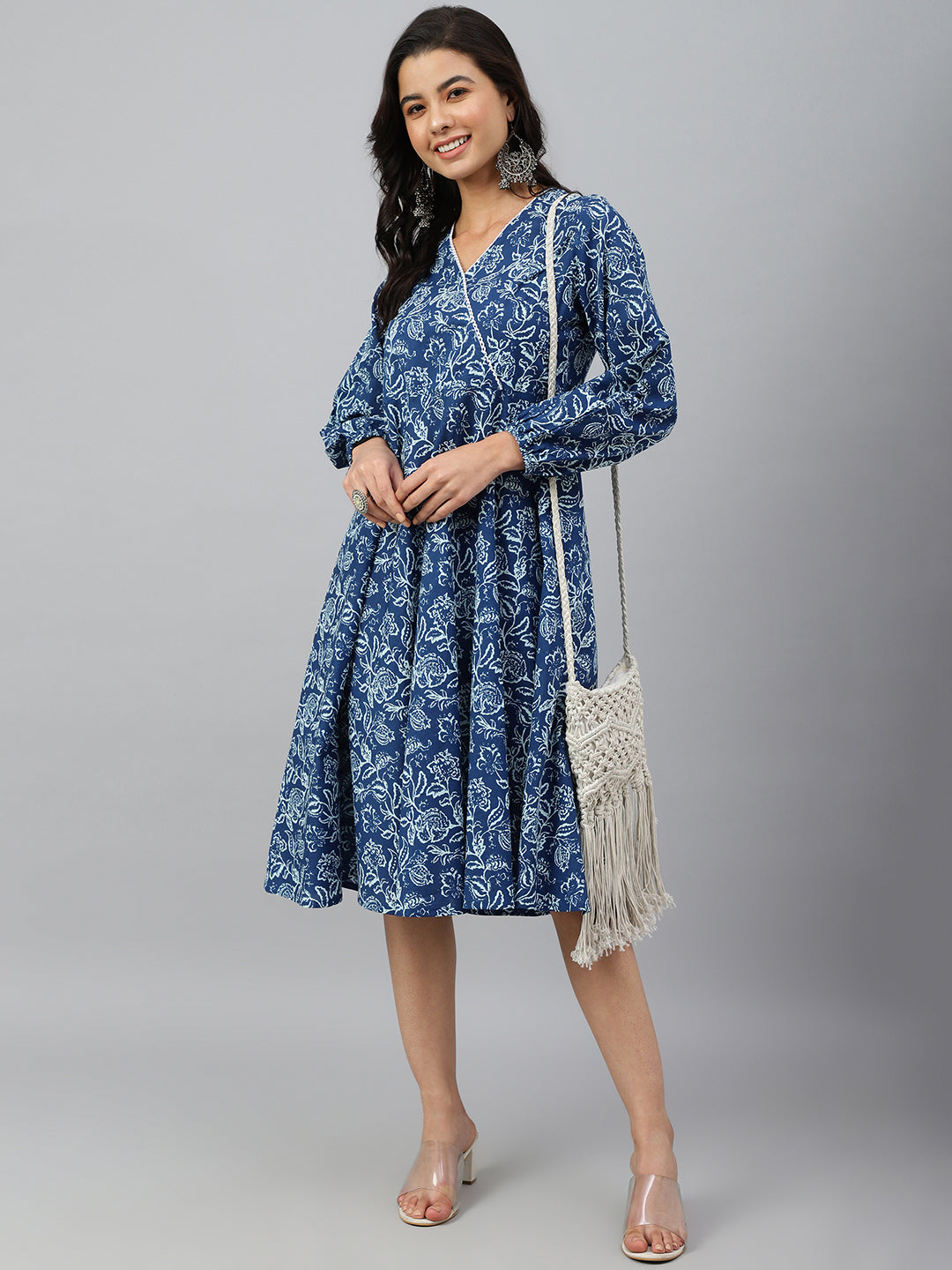 Janasya Women's Navy Blue Cotton Floral Printed Angrakha Western Dress | Swadesiicart