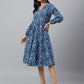 Janasya Women's Navy Blue Cotton Floral Printed Angrakha Western Dress | Swadesiicart