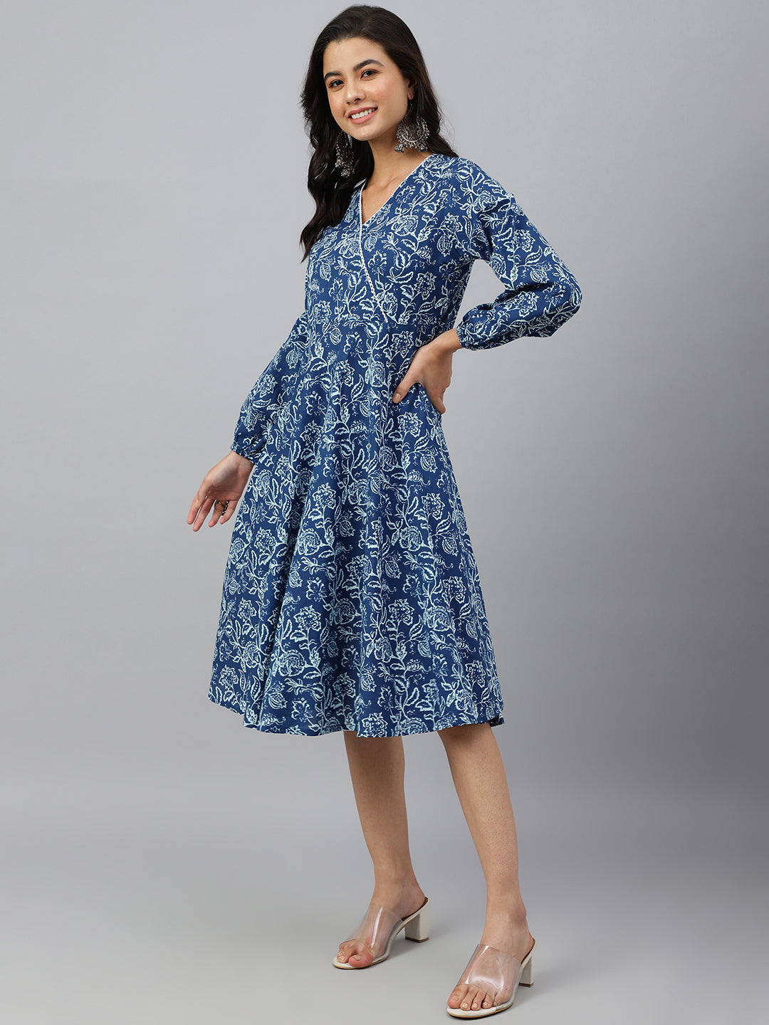 Janasya Women's Navy Blue Cotton Floral Printed Angrakha Western Dress | Swadesiicart