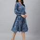 Janasya Women's Navy Blue Cotton Floral Printed Angrakha Western Dress | Swadesiicart