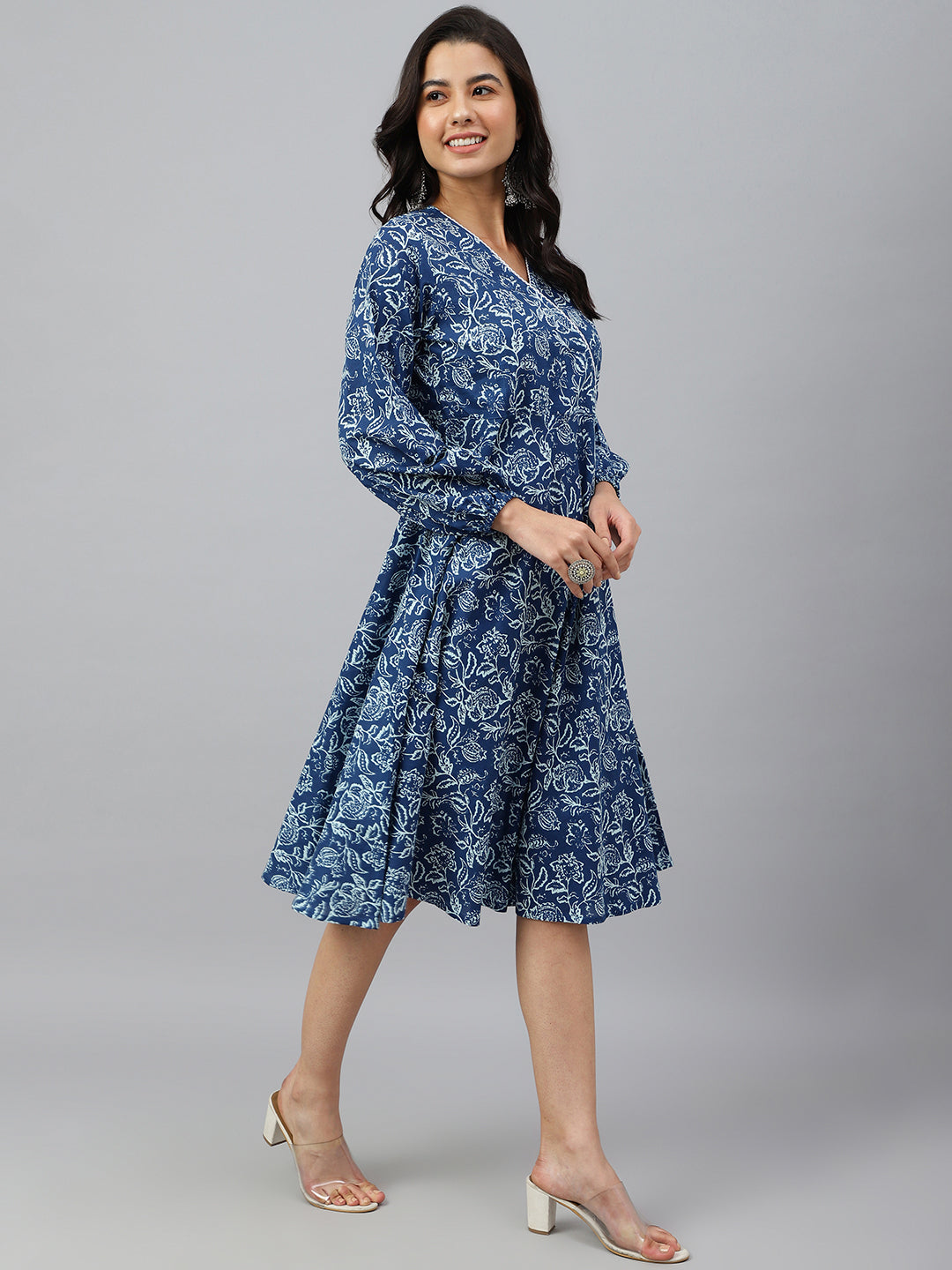 Janasya Women's Navy Blue Cotton Floral Printed Angrakha Western Dress | Swadesiicart