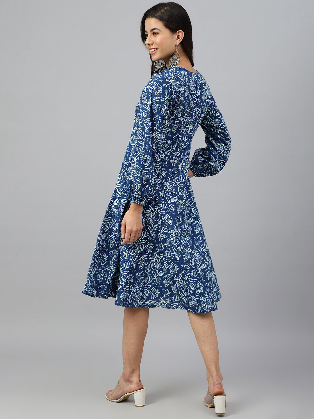 Janasya Women's Navy Blue Cotton Floral Printed Angrakha Western Dress | Swadesiicart