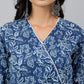 Janasya Women's Navy Blue Cotton Floral Printed Angrakha Western Dress | Swadesiicart