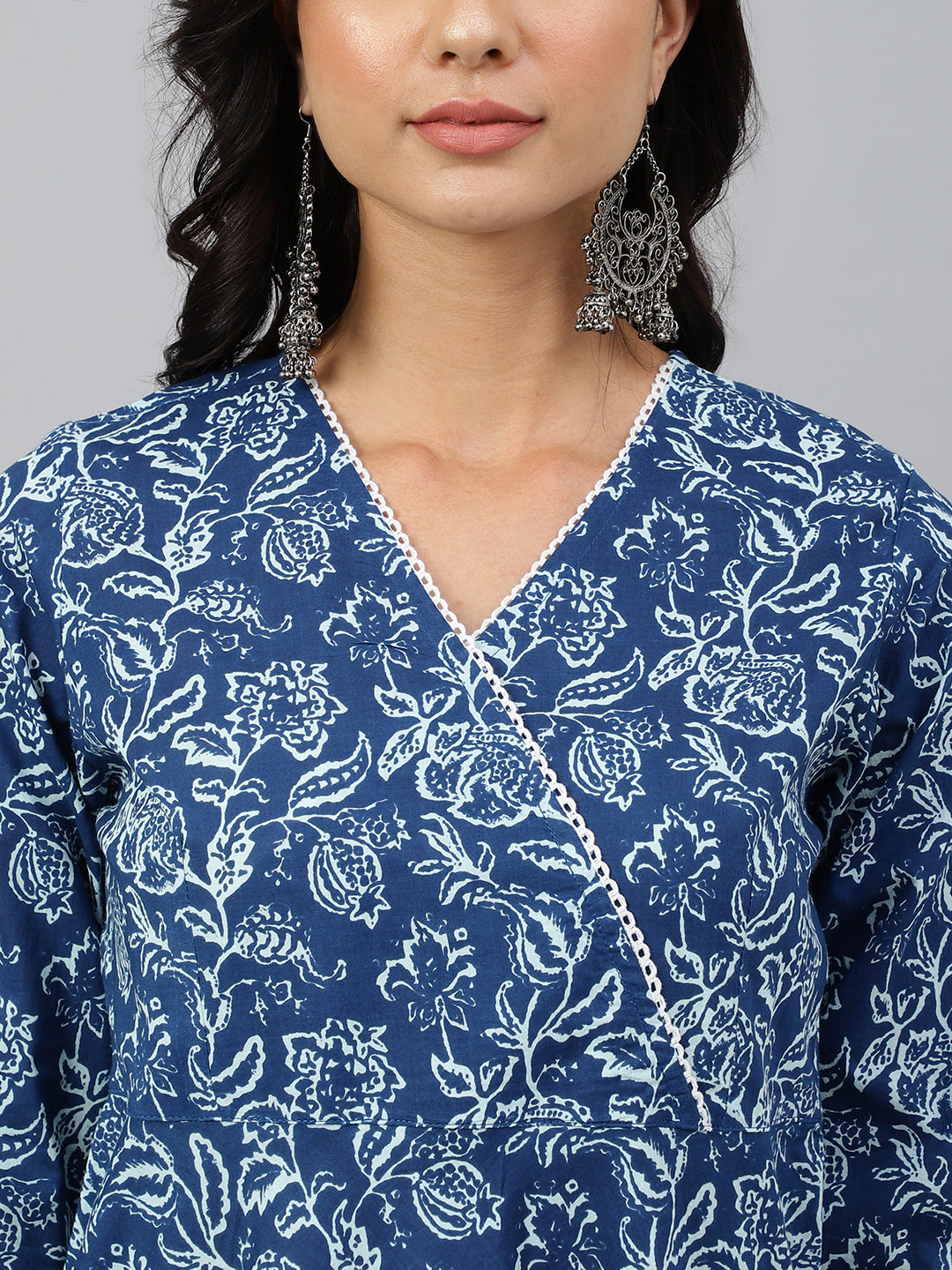 Janasya Women's Navy Blue Cotton Floral Printed Angrakha Western Dress | Swadesiicart